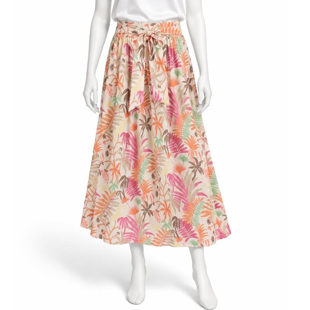 J. McLaughlin Jungle Melody Belted A-Line Midi Skirt Size 4 Cotton Floral Print